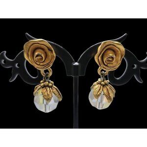 KH Rose Motif Dangle AB Crystal Post Earrings Signed Gold Tone Flower Elegant